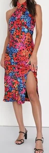 Lulu's Bold Presence Black and Red Multi Floral Satin Halter Midi Dress XS NWT - Picture 1 of 12