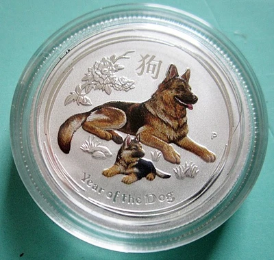 1/4 Oz Silber Lunar 2 2018 Hund coloriert farbig 0,25 Oz Münze Australien Neu - Bild 1 von 2
