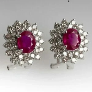 3Ct Oval Cut Lab Created Red Ruby & Diamond Stud Earrings 14K White Gold Plated - Picture 1 of 4