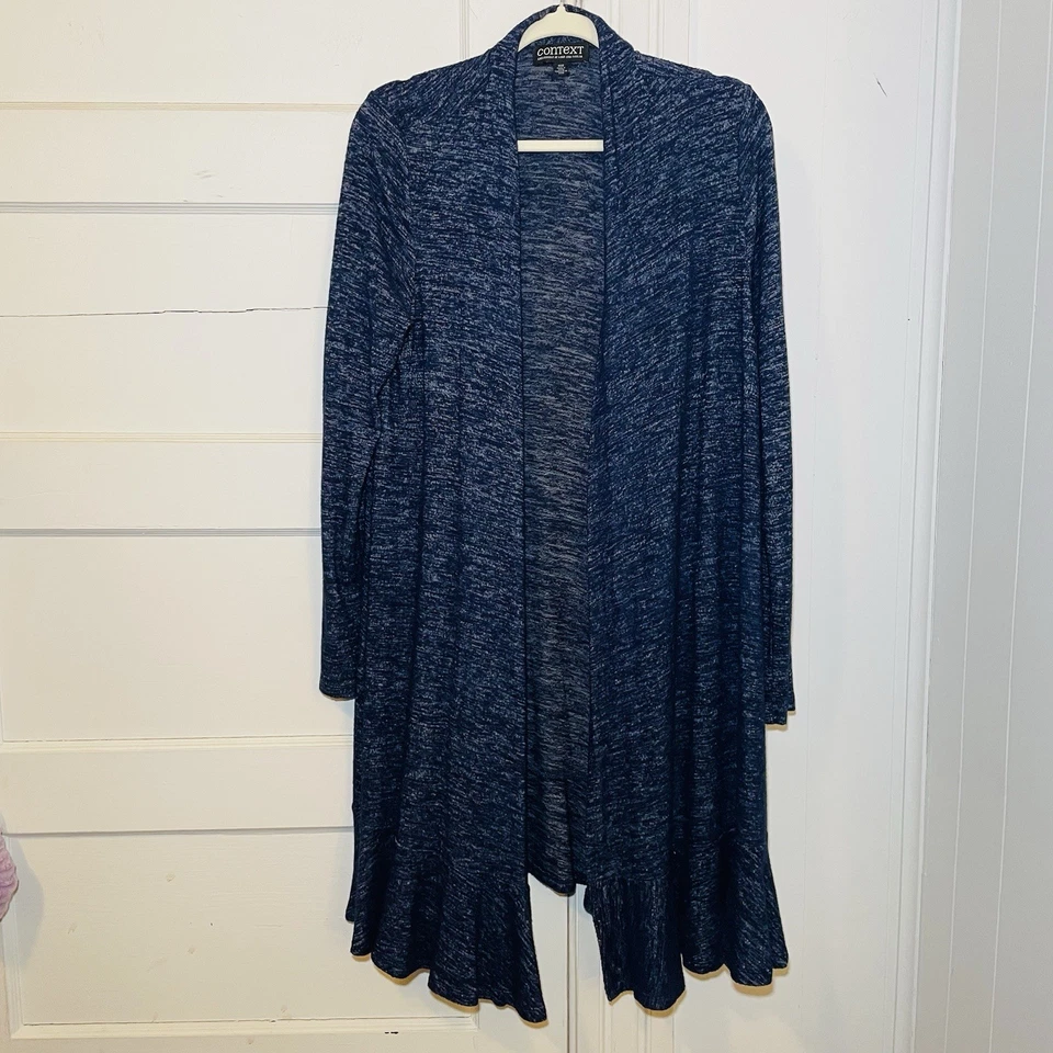 Cárdigan suéter plumero Context Lord and Taylor para mujer M azul jaspeado frente abierto Foto 1 de 4