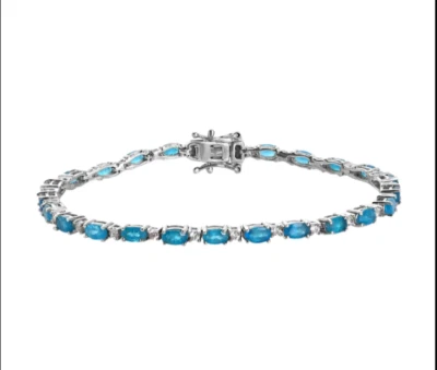 Tennis Bracelet Sterling Silver Anniversary Gift 5*3 MM Oval Neon Apatite 7 Inch - Image 1 of 4