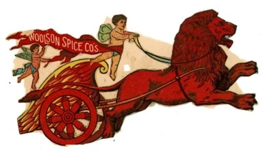 1880s-90s  Lion Coffee Woolson Spice Co. Container Label Chariot Winged Boys Red - Image 1 of 3