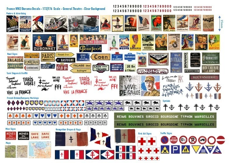 1:72/1:76 Scale French WW2 Diorama Decals (Posters, Street Signs, Tank Slogans) - Image 1 of 1