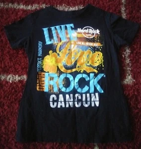 Junior's Hard Rock Cafe Cancun Black T-Shirt Love All-Serve All Orange Teal EUC - Picture 1 of 4