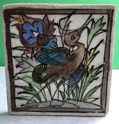 Azulejo antiguo de cerámica persa del siglo XIX hecho a mano 6 pulgadas floral y pájaro Foto 1 de 4