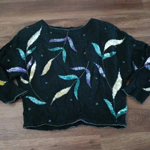Siruti Size M Silk Sequin & Beaded Leaves Pullover Top VTG 70's 3/4 sleeves - Picture 1 of 5