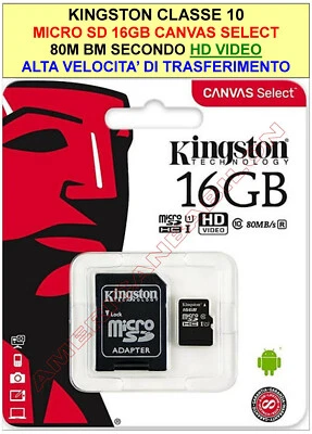 KINGSTON MICRO SD 16GB 32 GB 64 GB 128GB CLASS 10 MICROSD SCHEDA MEMORIA CANAVAS - Immagine 1 di 4
