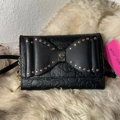 NWT Betsey Johnson Bow & Embossed Skulls Bowie Crossbody - Pretty Black - Image 1 of 4