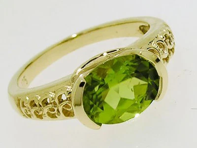R160- Anillo solitario de peridoto natural oro amarillo 9K 9ct sólido genuino talla M Foto 1 de 4