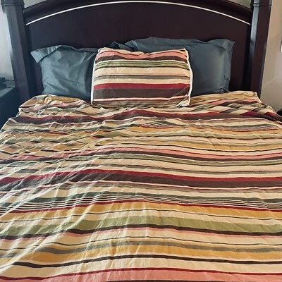 Pair Of (2) Pottery Barn DUNCAN STRIPE Twin Duvet Covers + Shams Brown Green Tan - Image 1 of 4