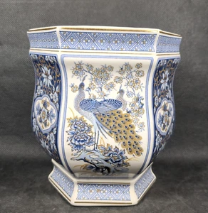 Vintage Japanese Hexagonal Porcelain Plant Pot~"Peacock"~Made by PANDA~Ht 13cm - Picture 1 of 11