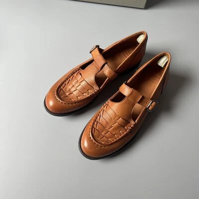 Handmade Braided Buckle Mary Jane Women British Real Leather Loafers Low Heels - Image 1 of 4