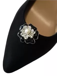 Bridal Wedding Prom Rhinestone Floral Design Black Silver Shoe Clip Jewelry - Picture 1 of 6