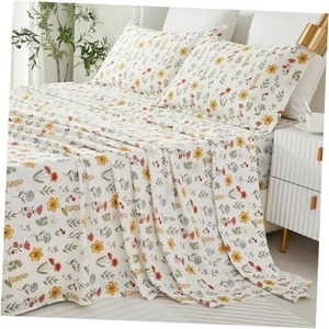 Floral Sheet Set 100% Cotton Yellow Flower Printed Queen Botanical Red Floral - Picture 1 of 7