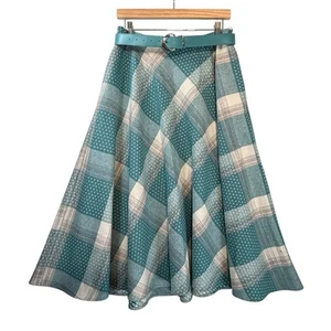 VTG Teal Plaid FULL SKIRT Womens Size 14 Rockabilly TAN JAY Academia Wool Blend - Picture 1 of 11