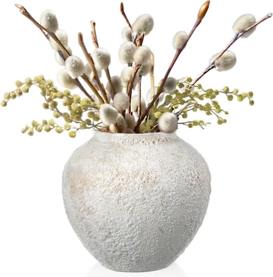 White Ceramic Decorative Flower Vase 8.27" X 8.66" Textured round Rustic Pottery - Image 1 of 4