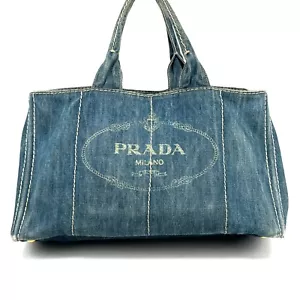 PRADA Canapa Denim Tote Bag Hand Bag Purse White Stitching Gold From Japan - Picture 1 of 24