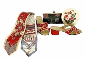 Oriental Themed Lot Includes Ties Slippers Wallet Two Sided Trivet More Vintage