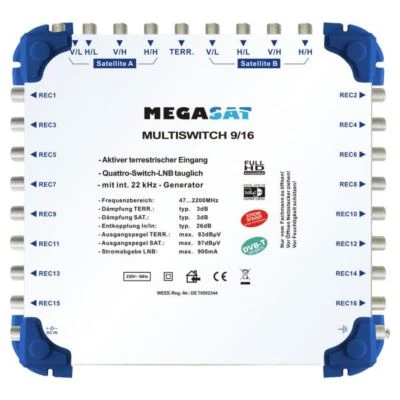 Megasat Multiswitch 9/16 Multiswitch DiSEqC Sdoppiatore 2 Satelliti 16 Dispositivi - Immagine 1 di 2