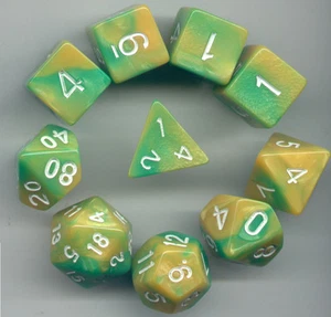 NEW RPG Dice 10pc - Twisted Green-Yellow @ D4 D8 D10 D12 D20 D00-10 & 4 D6 - Picture 1 of 1