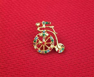 High Wheel Bicycle Bike Brooch Pin Gold Tone with Multi-color Rhinestones - Picture 1 of 2