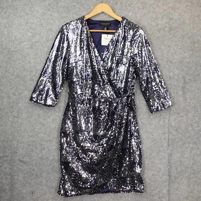 Vestido de fiesta con lentejuelas azul plateado pequeño azul marino envolvente vacaciones cóctel lavandería nuevo $268 Foto 1 de 4