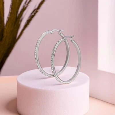 Cubic Zirconia Rhinestone Hoop Earrings, Minimalist Hoops in 20mm To 40mm Sizes. - Image 1 of 4