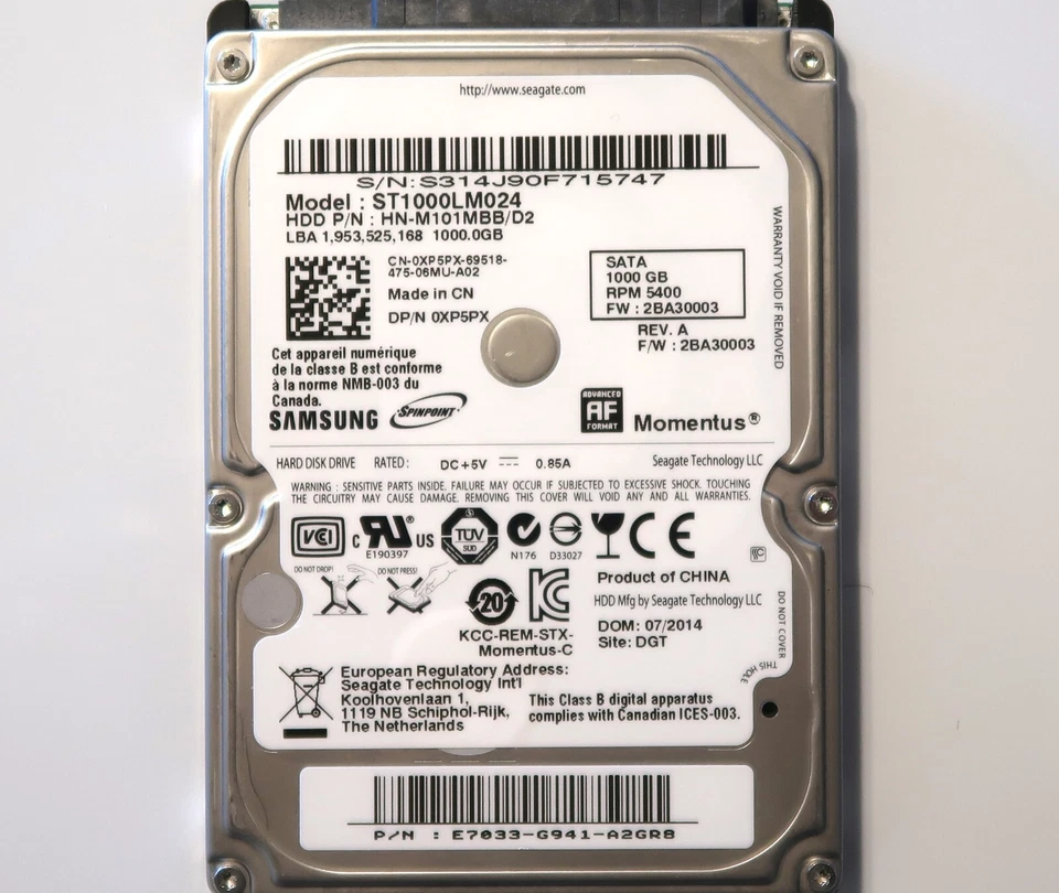 Samsung ST1000LM024 HN-M101MBB/D2 2BA30003 (S314) E7033-G941 2.5" 1TB 07/2014 - Image 1 of 1