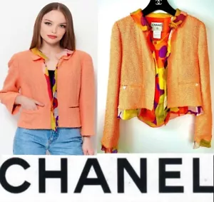 New Chanel 2000 Orange Tweed Red Logo Jacket Scarf Shirt 34 36 38 2 4 6 Coat S M - Picture 1 of 20
