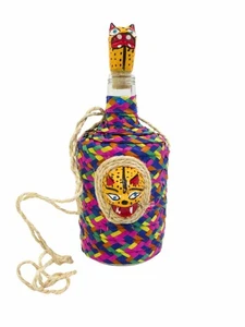 Botella de vidrio hecha a mano cara de tigre - palma tejida, mango de yute, decoración de 11"x3,5" - Imagen 1 de 5