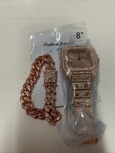 Diamond Watch Iced Out CZ Cuban Link Watch Gold Plated Square Dial Quartz 8” - Picture 1 of 4