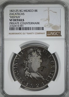 1821 ZS RG Mexico 8R Reales Zacatecas "Hispan" NGC VF Detail Private Countermark - Image 1 of 4