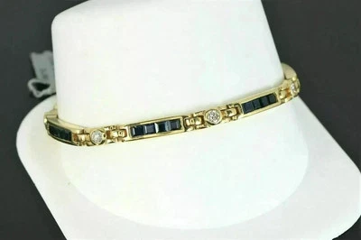 7Ct Princess Simulated Sapphire Bezel Set Tennis Bracelet 14K Yellow Gold Plated - Image 1 of 4