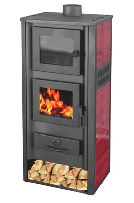 STUFA A LEGNA ACCIAIO VETRO 12 KW CON PORTALEGNA FORNO cm 48x42x117 ROSSO 170ro - Immagine 1 di 3