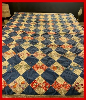 复古手工领结图案棉被子 76x59 蓝色多色 — 第 1/4 张图片