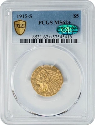 1915-S $5 Gold Indian MS62+ PCGS Secure CAC 949825-40 - Image 1 of 4