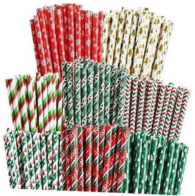  100 pajitas de papel de Navidad, 8 estilos rojo verde blanco dorado Navidad-100 Foto 1 de 4