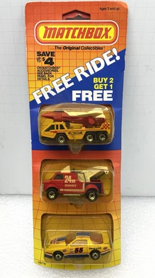 ВИНТАЖНЫЙ MATCHBOX 1985 БЕСПЛАТНАЯ ПОЕЗДКА 3 УПАКОВКИ ЗАПАСНОЙ АВТОМОБИЛЬ 55 STP СЫН ОРУЖИЯ БУКСИРОВКА СПАСЕНИЯ - Изображение 1 из 4