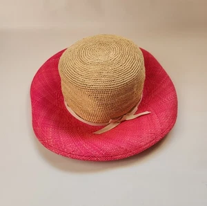 Brooks Brothers Womens Wide Brim Size Med Straw Hat Beige with Pink Rim Beach - Picture 1 of 14