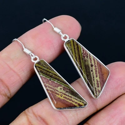 Pendientes hechos a mano enchapados en plata 925 con piedra de sangre de 2,05" Foto 1 de 3