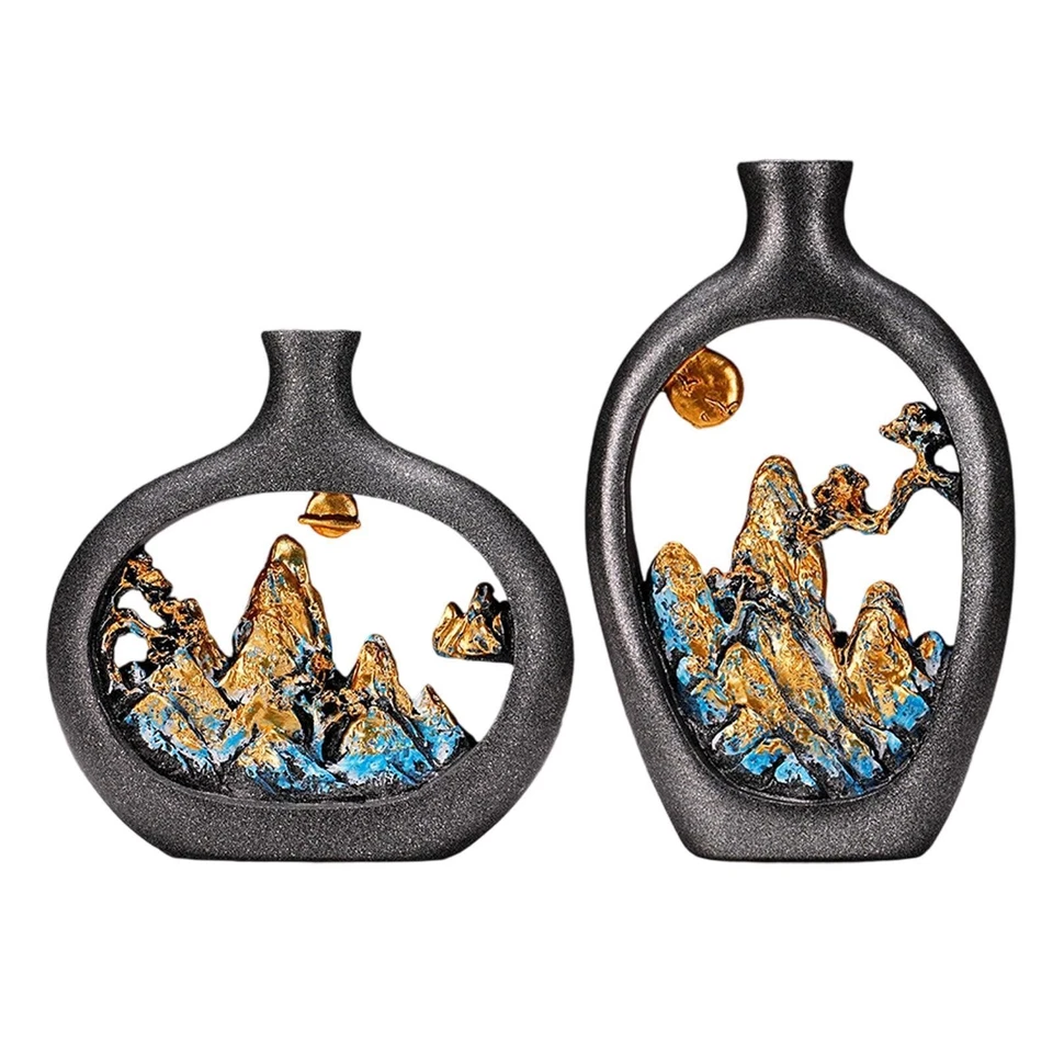 Jarrón de arte chino con escena de montaña florero tradicional de flores secas Foto 1 de 2