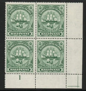 Turks & Caicos 1948 Centenary ½d in Plate block SG 210 Mnh. (R1976) - Picture 1 of 1