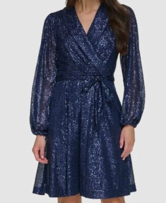 Vestido envolvente para mujer Dkny azul lentejuelas manga globo talla 16 Foto 1 de 2