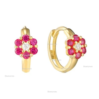 Floral 1.5mmPink Ruby With 2mm Natural Diamond Mini Hoops Solid 18K Yellow Gold - Image 1 of 3
