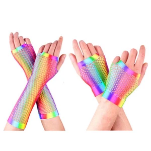Set Di Guanti A Rete Color Arcobaleno Anni '80 Costume Al Neon Addio Al ☆ - Foto 1 di 14