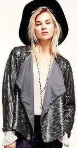 Free People Drippy Sequin Party Blazer Jacket Silver Metallic New Years Weighted - Picture 1 of 6