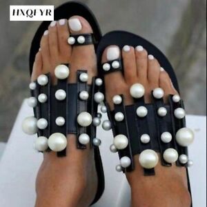 Women Slippers Summer Pearl Slides Flat Casual Outside Beach Leather Slippers