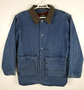 Vtg Woolrich Men's XL Removable Blanket-Lined Blue Denim Barn Coat Leather Trim - Picture 1 of 10