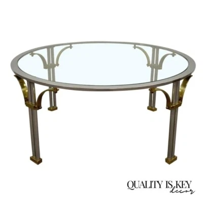 Vintage Regency Steel Brass Round Glass Coffee Table Maison Jansen Style - Image 1 of 4