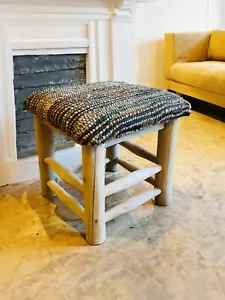 Mango Wood Stool Handmade Solid Hemp Leather Natural Brown Multi Colour Seat - Picture 1 of 8